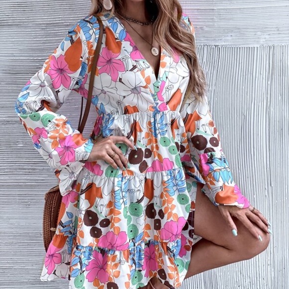Boho Pink Floral Print Smock Ruffle Mini Dress - Picture 5 of 6